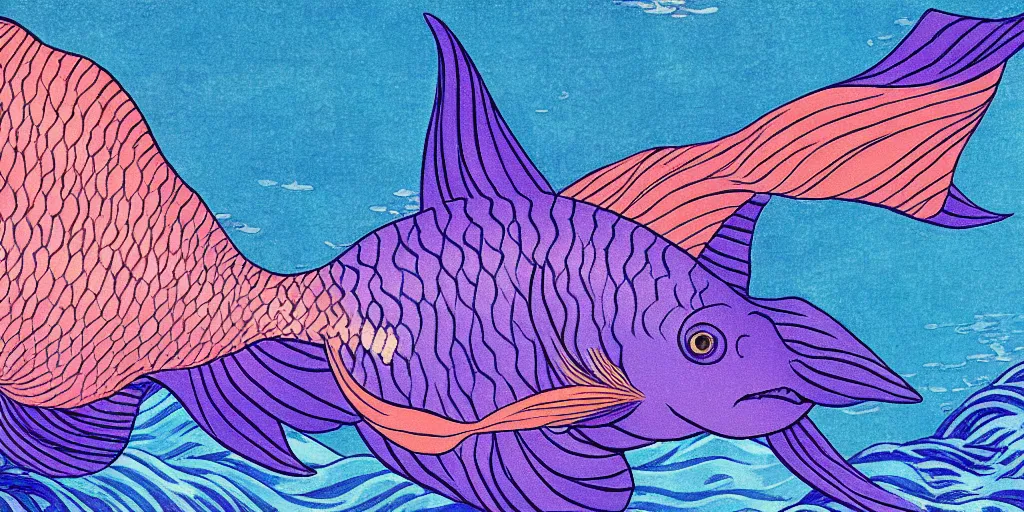 Image similar to breath takingly stunningly beautiful, purple fish, swimming in a beautiful coral reef, aesthetically pleasing Digital art, Concept art by Hokusai and Vincent Van Gogh and Claude Monet