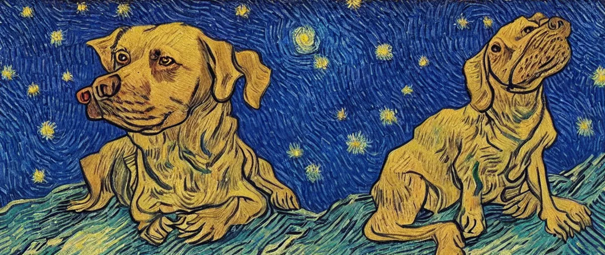 Image similar to studio portrait of a single wizened old dog in the style of the Starry Night; extremely detailed; oil painting by Vincent van Gogh