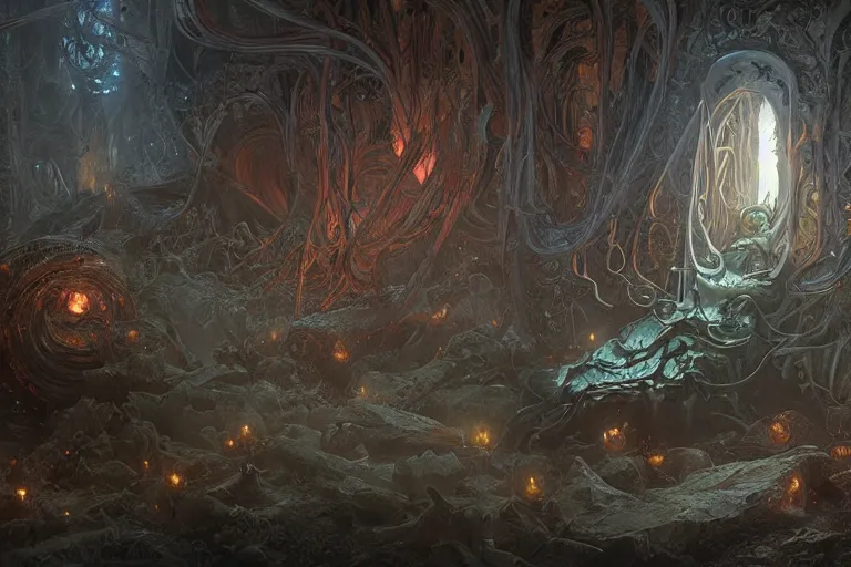 Image similar to a lovecraftian painting of a demonic portal, cosmic horror elements, ultra realistic, concept art, intricate details, eerie, highly detailed, photorealistic, octane render, 8 k, unreal engine. art by artgerm and greg rutkowski and alphonse mucha