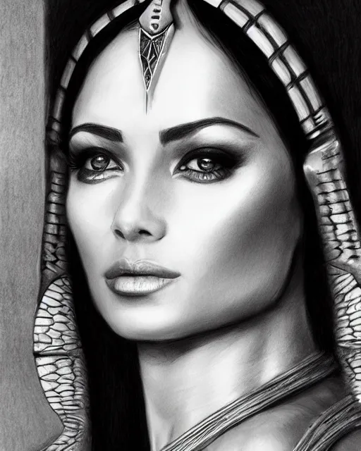 Image similar to pencil drawing of beautiful cleopatra, hyper realistic face, in the style of greg rutkowski, fantasy, amazing detail, epic, elegant, smooth, sharp focus, from the front