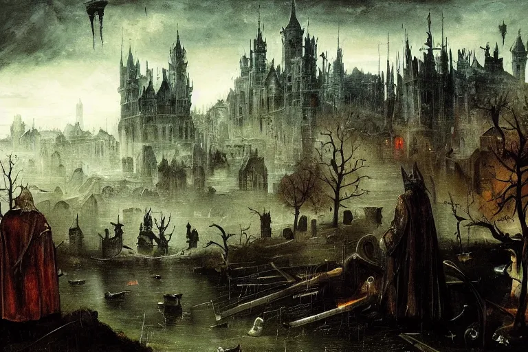 Prompt: bloodborne! landscape painted by hieronymus bosch