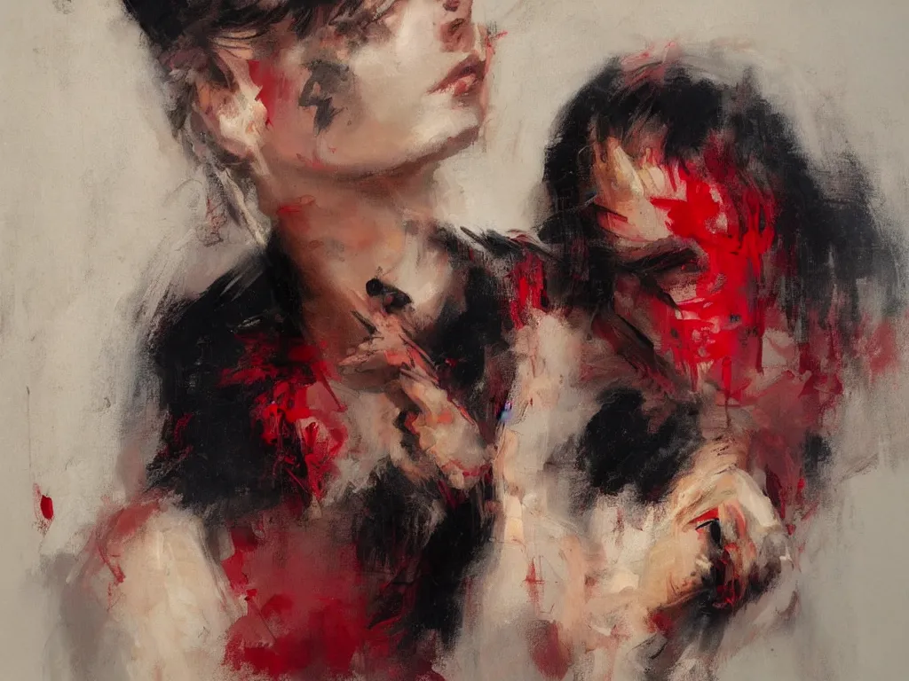 Image similar to spontaneous unfinished romantic portrait under painting, beautiful juicy brush strokes, by richard schmid and sargent, dark, black and red, trending on cgsociety