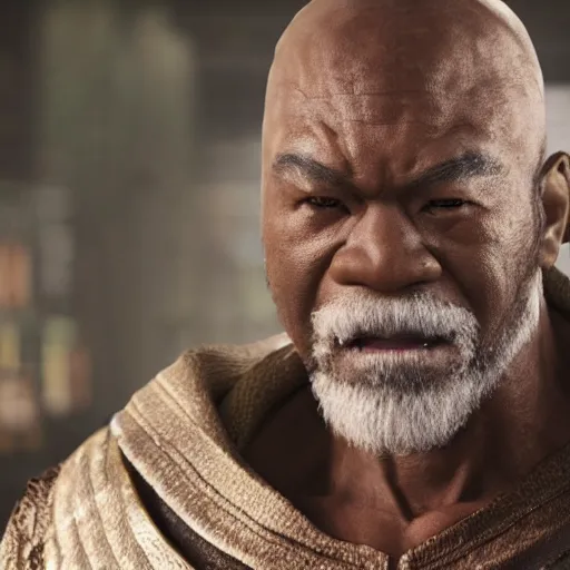 Image similar to a film still of a black man starring in a japanese blockbuster film as heihachi from tekken, shallow depth of field, cinematic, award winning cgi, vfx, film still