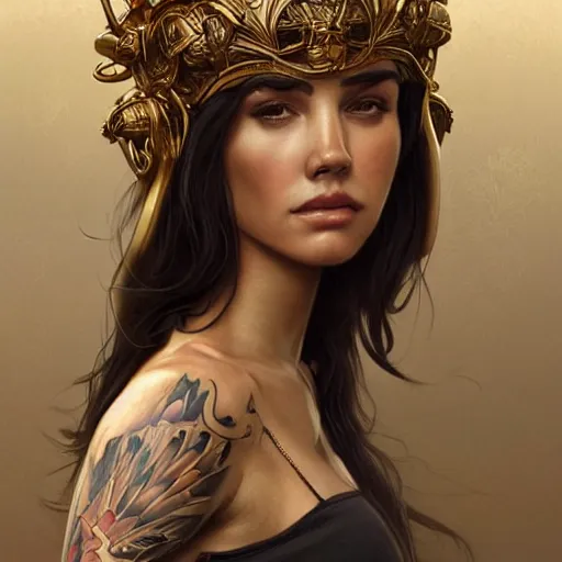 Prompt: an attractive young tattooed south female with piercings!!! wearing an lion helmet, jennifer connelly, olive skin, long dark hair, beautiful bone structure, intricate, elegant, highly detailed, digital painting, artstation, concept art, smooth, sharp focus, illustration, art by artgerm and greg rutkowski and alphonse mucha