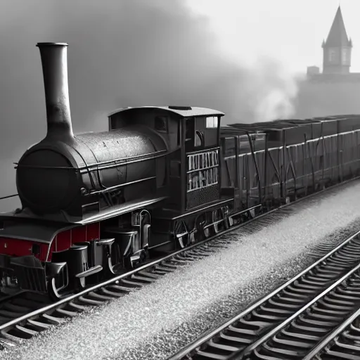 Prompt: a black steam locomotive pulling a train into a Victorian era crowded train station, slight fog, highly detailed, octane render, unreal engine 5