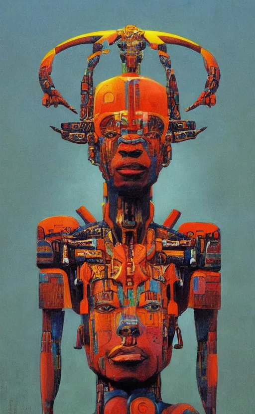 Image similar to portrait of mecha african tribal chief, symmetrical, dramatic lighting, colourful, god, art by zdzislaw beksinski,