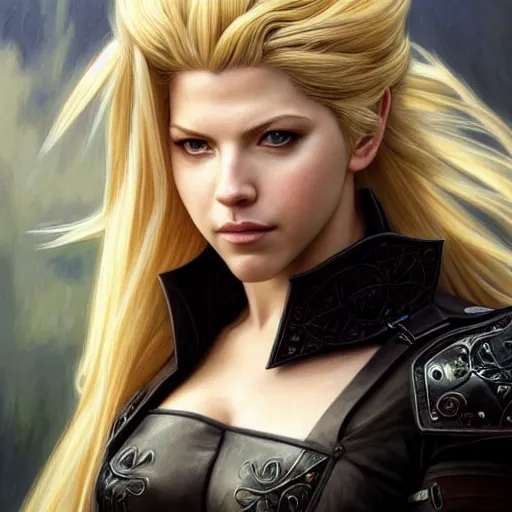 Image similar to beautiful Katheryn Winnick as Cloud Strife, western, closeup, D&D, fantasy, intricate, elegant, highly detailed, digital painting, artstation, concept art, matte, sharp focus, illustration, art by Artgerm and Greg Rutkowski and Alphonse Mucha