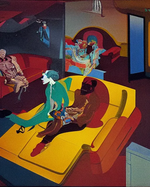 Image similar to old dead couple sitting on a couch and a person inside a large aquarium with clouds at red and yellow art deco interior room in the style of Francis Bacon and Syd Mead, open ceiling, highly detailed, painted by Francis Bacon and Edward Hopper, painted by James Gilleard, surrealism, airbrush, very coherent, triadic color scheme, art by Takato Yamamoto and James Jean