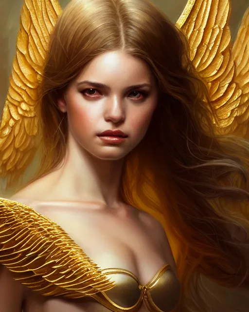 Prompt: beautiful angel girl portrait, transparent gold bra, gold wings, highly detailed, d & d, fantasy, highly detailed, digital painting, trending on artstation, concept art, sharp focus, illustration, art by artgerm and greg rutkowski and fuji choko and viktoria gavrilenko and hoang lap