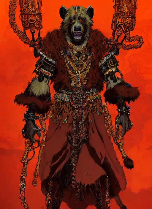 Prompt: Full body portrait of a tall gnoll monk in light ornate robe with brown fur, emanating menacing aura, vibrant colours, chosen by the god, ornate. In style of Yoji Shinkawa and Hyung-tae Kim, trending on ArtStation, dark fantasy, great composition, concept art, highly detailed, dynamic pose.