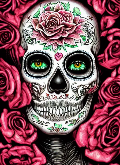 Prompt: portrait of a sugar skull, neon eyes, intricate, highly detailed, smooth, digital illustration, artstation, the dark and quirky art of scott radke