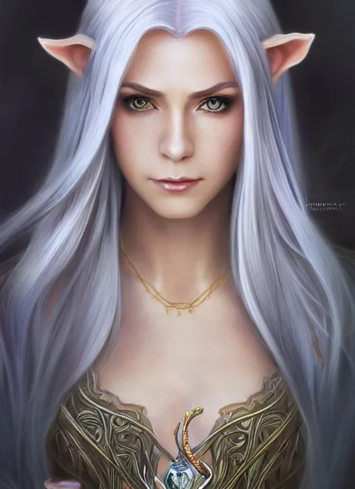Image similar to portrait of a beautiful female elven mage, looking at camera, D&D, leather dress, long platinum hair, intricate, elegant, stylish, cute smile, fantasy, extremely detailed, digital painting, artstation, concept art, smooth, sharp focus, illustration, ambient lighting, incredible art by artgerm and greg rutkowski and alphonse mucha and simon stalenhag