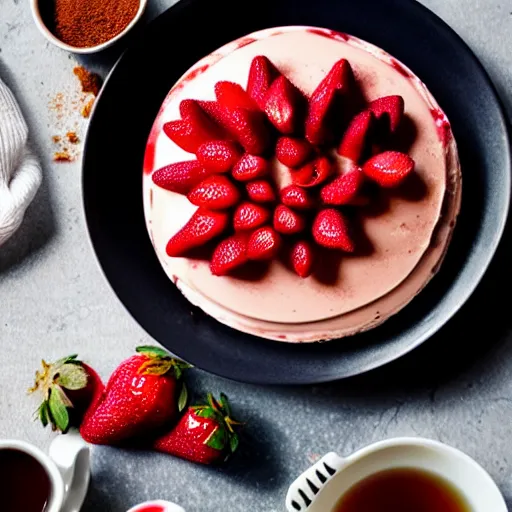 Image similar to realistic photo of a strawberry cheesecake, delicious, studio lighting, cinnamon and tea beside, realistic, food