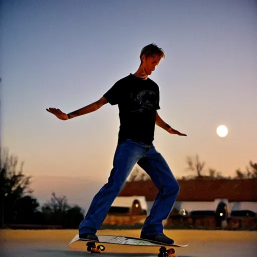 Prompt: tony hawk , skating in front of the moon