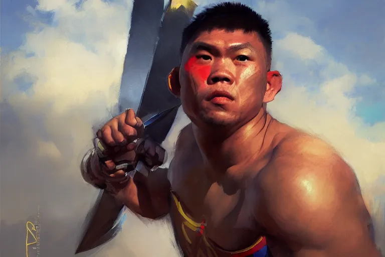 Prompt: greg manchess portrait of a filipino mma fighter sword dash, sunny day, matte painting, bold shapes, hard edges, street art, trending on artstation, by huang guangjian, gil elvgren, ruan jia, randy vargas, greg rutkowski