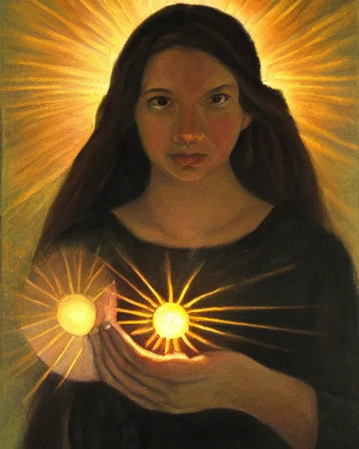 Prompt: a realism painting of a woman holding a sphere of light in her hands