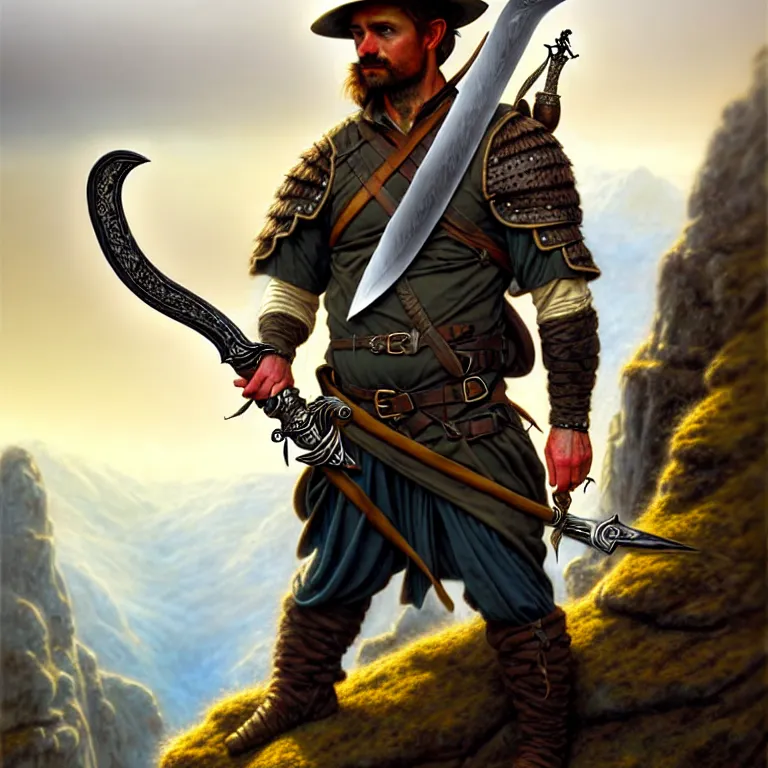 Image similar to middle age ranger with rugged expressions falcon pet on his shoulder holding a high detailed long sword, top a cliff observing old ruins of a castle, elegant clothing, photorealistic render, matte painting, highly detailed, artstation, smooth, sharp focus, art by michael whelan, artgerm, greg rutkowski