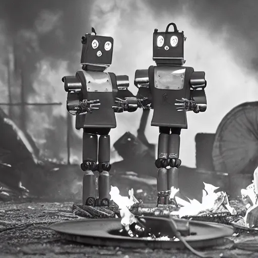 Prompt: Robot workers dancing around a fire