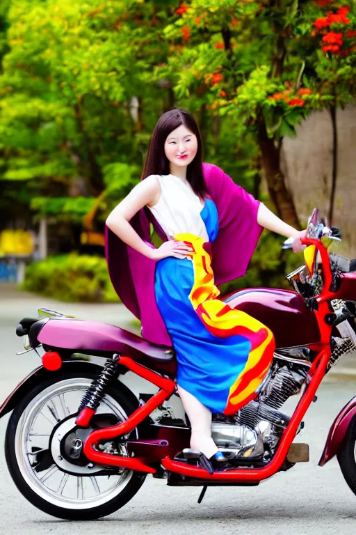 Image similar to full - length photo, young woman, riding a motorcycle, wearing japanese kimono, high heels, 4 k, colourful