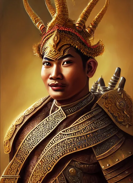 Image similar to smart ramkhamheang, closeup portrait, without beard and mustache, historical hero, ethnic group, tai costume, thai transitional bronze headdress, intricate, with leather armor cross on bare chest, elegant, loin cloth, highly detailed, oil painting, artstation, concept art, matte, sharp focus, illustration, hearthstone, art by earl norem