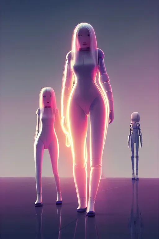 Image similar to family android women, scifi, futuristic design, bae suzy, long white hair, character design, cinematic lighting, highly detailed, by beeple, goro fujita, smooth gradient.