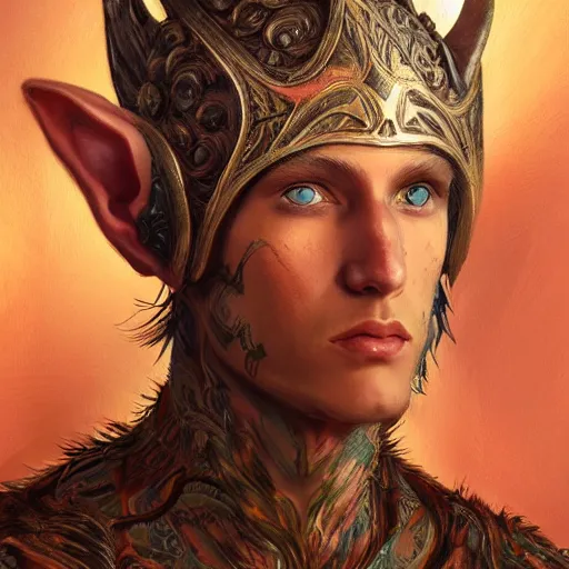 Image similar to portrait painting of an elven young man with short light orange hair and tribal tattoos on his face wearing fur armor, sharp focus, award - winning, trending on artstation, masterpiece, highly detailed, intricate. art by james ryman