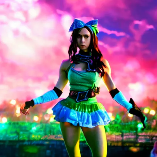 Image similar to cinematic scene with nina dobrev as jolyne from jojo's bizarre adventure, live action film, stone ocean, dramatic, small details, volumetric lighting, still frame