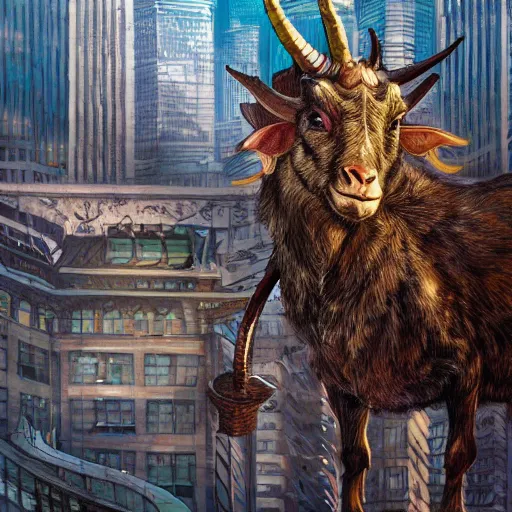 Image similar to a horned goat in a cityscape, intricate, futuristic, ultra realistic, hyper detailed, cinematic, bold,