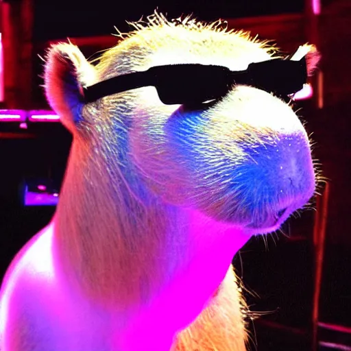 Prompt: capybara wearing shades in a night club, trippy club lighting