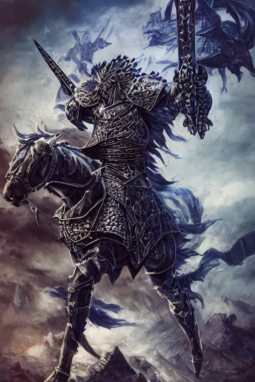 Image similar to a full body shot of an azure knight warrior by Kentaro Miura, Wolf themed armour, colored by Ronda Pattison, heavy armor, kingdom under fire in the background, dark colors, highly detailed, trending on artstation, CGsociety, exquisite detail, post-processing, masterpiece, volumetric lighting, cinematic, hypermaximalistic, high details, cinematic, 8k resolution, beautiful detailed, insanely intricate details