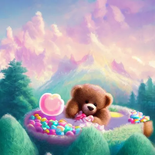 Image similar to a beautiful digital matte painting of an adorable teddy bear with fairy wings sleeping on a cloud of cotton candy, surrounded by candy and desserts, bright natural morning light, mountains river trees, pastel color palette, by andreas rocha and jeremiah ketner