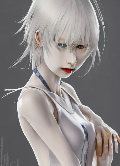 Image similar to albino rei ayanami, fluent composition, concept art, ambient light, 4 k, intricate details, highly professionally detailed, cgsociety, highly detailed -