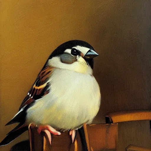 Prompt: an oil paiting of a sparrow perched on a chair, highly detailed, oleo, artstation, sharp focus, by diego velazquez