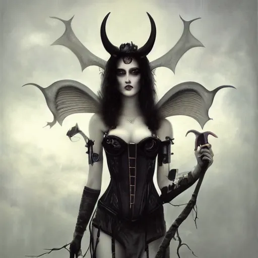 Prompt: By Tom Bagshaw, ultra realist soft painting of curiosities cyberpunk carnival by night, very beautiful horned single female gothic corset , symmetry accurate features, very intricate details, ominous sky, black and white, volumetric light clouds