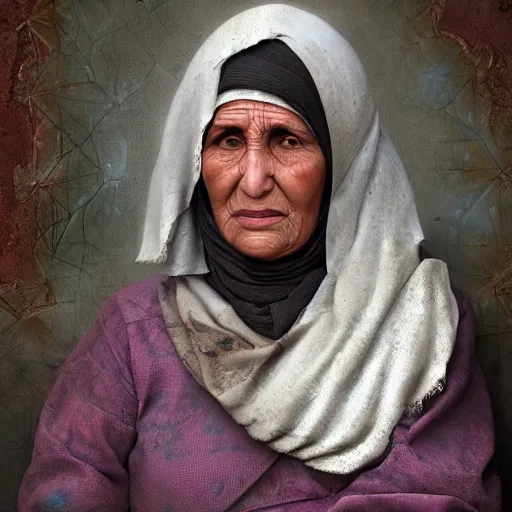 Image similar to hyperrealistic mixed media high resolution image of a beautiful Kurdish grandmother, stunning 3d render inspired art by István Sándorfi and Greg Rutkowski and Unreal Engine, perfect symmetry, dim volumetric lighting, 8k octane beautifully detailed render, post-processing, extremely hyper-detailed, intricate, epic composition, highly detailed attributes, highly detailed atmosphere, full body shot, cinematic lighting, masterpiece, trending on artstation, very very detailed, masterpiece, stunning, flawless structure, lifelike texture, perfection,