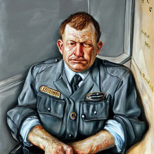 Prompt: high quality high detail painting by lucian freud, hd, portrait of a cop eating a donut, photorealistic lighting