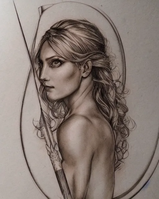 Image similar to tattoo sketch of beautiful greek goddess aphrodite, bow and arrow, beautiful piercing eyes, flowing blonde hair, realistic face, hyper realistic, in the style of greg rutkowski, fantasy, amazing detail, epic, intricate, elegant, smooth, sharp focus