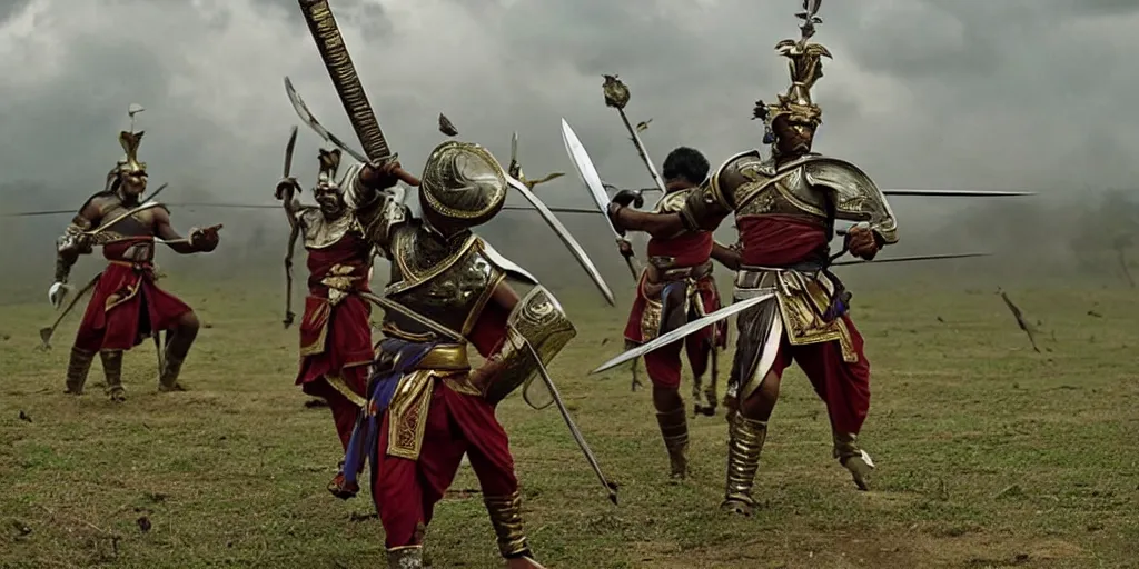 Image similar to sri lankan warriors with swords, film still, epic shot cinematography, rule of thirds, fantasy movie style