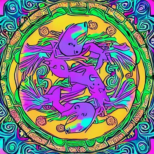 Image similar to detailed axolotl god on a yin yang background, psychedelic