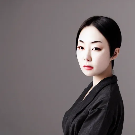 Image similar to photograph portrait bald korean japanese goddess of beauty neutral expression face straight on headshot even lighting no hair