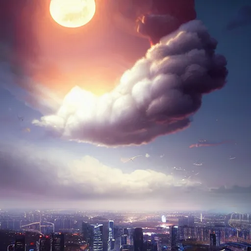 Prompt: Singapore city with a lion-shaped cloud in the sky and a squadron of chinooks flying in the sky and a crescent moon , by greg rutkowski, red and white lighting, digital art, ultra realistic, ultra detailed, photorealistic, 4k, character concept