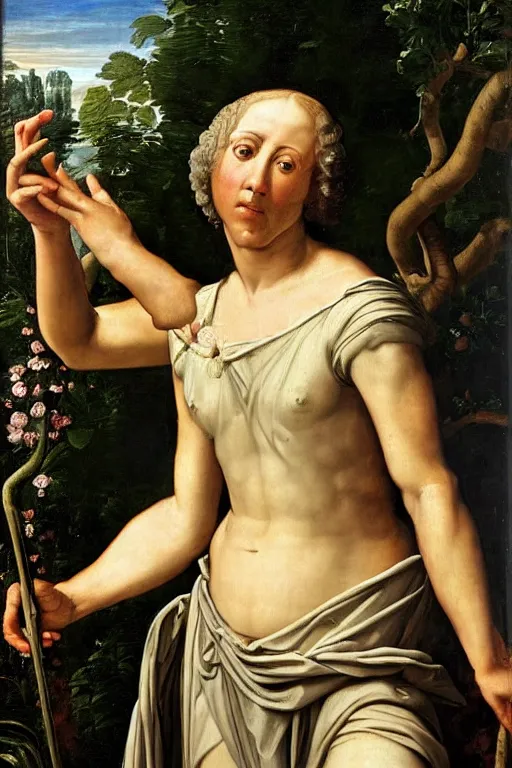 Image similar to renaissance painting of elder in the garden, closeup, short silver hair, a wise face, emotions closeup, dressed in roman armour, the beautiful garden with oak leaves everywhere, ultra detailed, art by Guido Reni style, Vincenzo Catena style