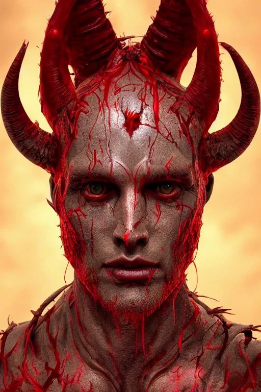 Prompt: a portrait of a red devil with horns, dark fantasy painting, golden ratio, trending on cgsociety, intricate, majestic, dark epic fantasy, trending on artstation, by Kevin Keele and Nicolas Aviori, highly detailed, vibrant, cinematic quality character render; low angle; ultra high quality model; production quality cinema model