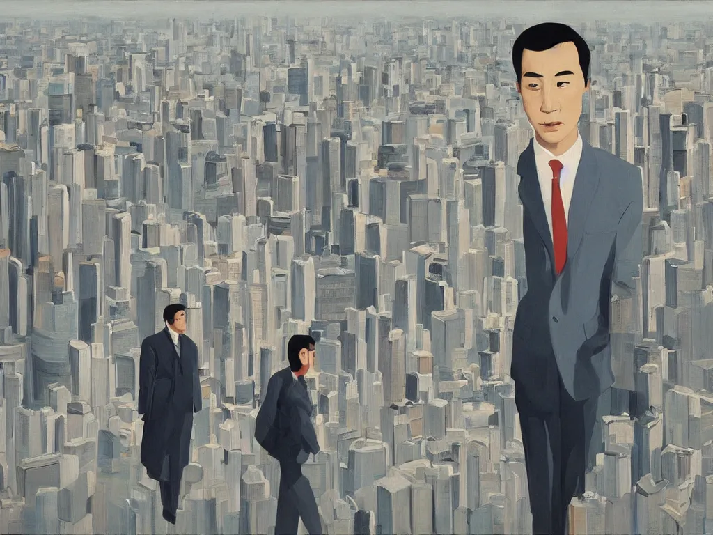 Image similar to ‘The Center of the World’ (painting by Alex Katz) was filmed in Beijing in April 2013 depicting a white collar office worker. A man in his early thirties – the first single-child-generation in China. Representing a new image of an idealized urban successful booming China.