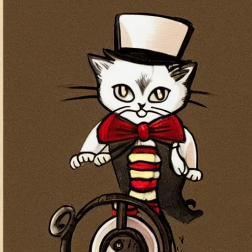 Prompt: Kitty with a tophat and monocle riding a unicycle