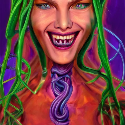 Image similar to medusa portrait painting, vibrtant, colorful, wicked smile, artstation, detailed, blurred background