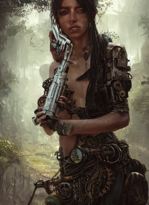 Prompt: portrait of a young very beautiful cute tribal woman with a steampunk gun, in a post apocalyptic city overgrown with lush vegetation, by Luis Royo, by Greg Rutkowski, dark, gritty, intricate, head space, volumetric lighting, volumetric atmosphere, concept art, cover illustration, octane render, trending on artstation, 8k