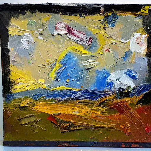 Image similar to oil paint impasto relief, the essence of summer, multi layered small disrupted thick brush marks, some splattered paint, in the style of ivan shishkin and frank auerbach and van gogh