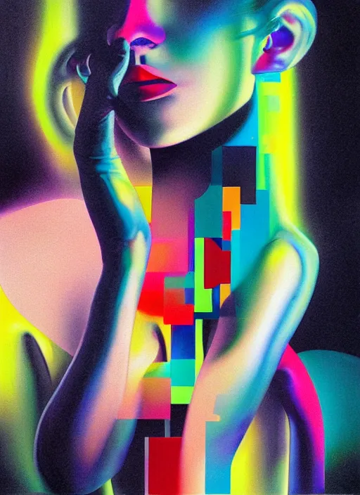 Image similar to futuristic lasers tracing, colorsmoke, fullbodysuit, pyramid hoodvisor, raindrops, wet, oiled, beautiful cyborg girl, by steven meisel, kaws, rolf armstrong, mondrian, kandinsky, perfect geometry abstract acrylic, octane hyperrealism photorealistic airbrush collage painting, monochrome, fluorescent colors, minimalist rule of thirds, eighties eros