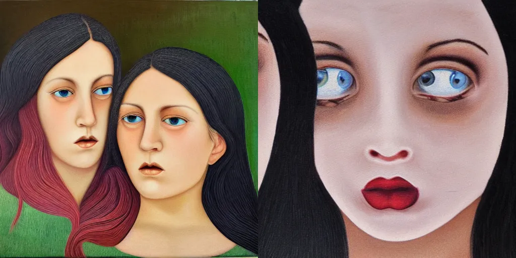 Prompt: The twin sisters looked deep into each others eyes and began to slowly braid each others long black hair , highly detailed oil painting in the style of georgia o keefe